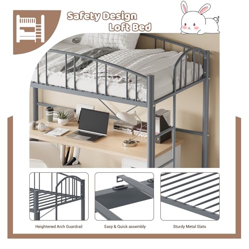 Loft Bed Twin Size with Stairs and Arched Guardrail, Sturdy Metal Slats Support, Space Saving, Noise Free, No Box Spring Needed, Ideal for Kid Room and Dorm, Matte Gray