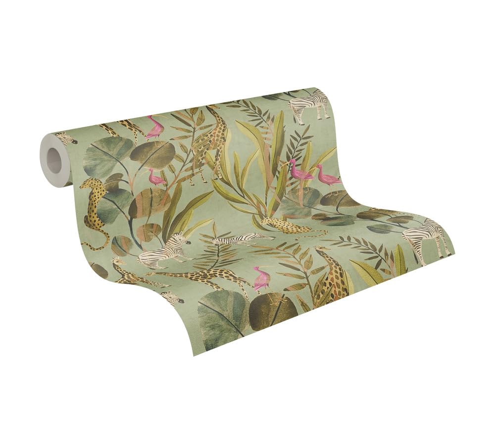 Papier peint intissé animal Livingwalls floral vert rose marron rouleau 10m