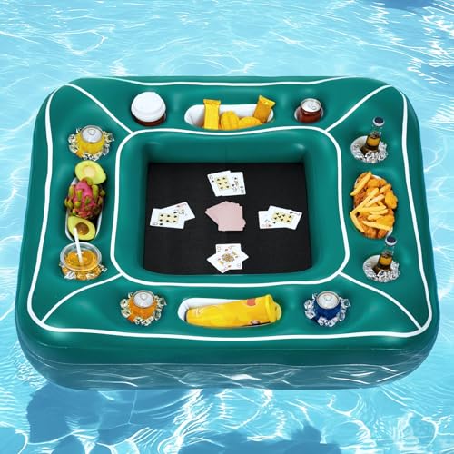 WERNNSAI Floating Pool Card Table Inflatable Drink Snack Holder with Waterproof Playing Cards & 2 Foam Inserts 40” Floating Game Tray for Pool or Beach Party Summer Fun Accessory for Adults & Family