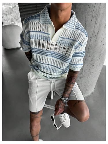 GORGLITTER Men's Striped Short Sleeve Open Knit Sweater Hollow Out Collar Top Knitwear Tops2