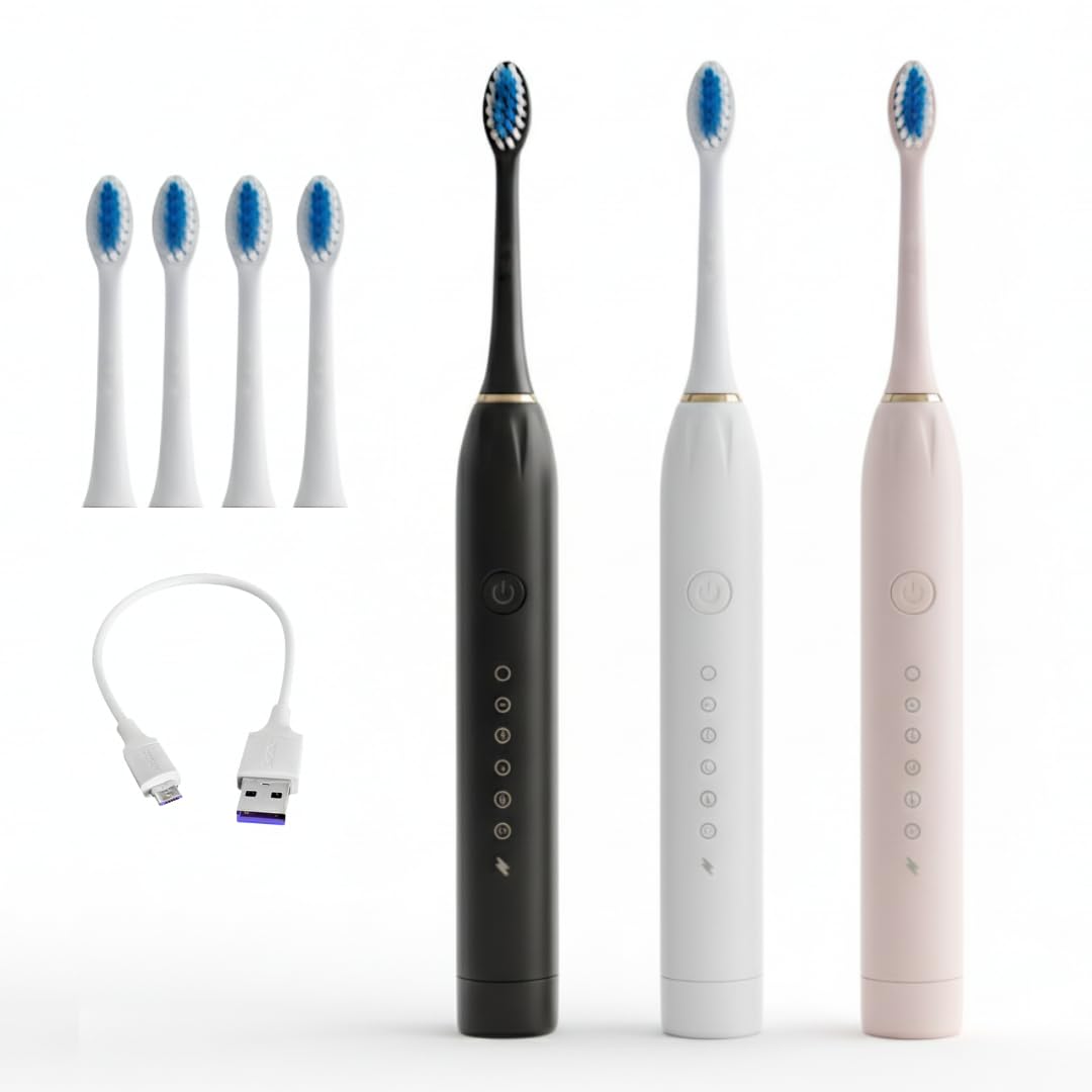 Escova de Dente Elétrica Sônica, 6 Modos, 4 Refis Inclusos, USB, Timer, Prova D'Água IPX7