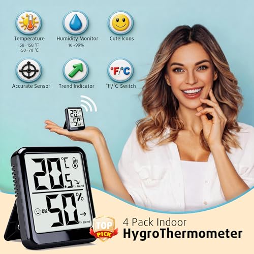 4-Pack Room Thermometer Indoor Hygrometer, Small Digital Temperature and Humidity Monitor Sensor, Temperature Humidity Gauge Meter for Home Baby Room, Plants, Pets - AAA Battery Included