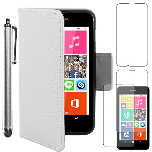 ebestStar - kompatibel mit Nokia Lumia 530 Hülle Kunstleder Wallet Hülle Handyhülle [PU Leder], Kartenfächern, Standfunktion + Stift +3 Schutzfolies, Weiss [Lumia 530: 119.7 x 62.3 x 11.7mm, 4.0'']