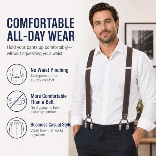 Image of Men's Heavy Duty Y-Back Suspenders, 6 Strong Metal Clips Adjustable Elastic Straps for Work, Tuxedos, and Daily Wear