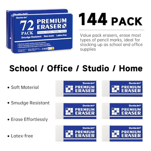 Image of Erasers, Shuttle Art 144 Pack Premium Eraser Bulk, White Erasers Classroom Set for Kids Teachers as School and Office Supplies