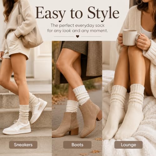 Image of 3 Pairs Slouch Socks for Women & Men, Ribbed Scrunch Crew Socks | 3-pair cotton-rich ribbed slouch socks for women and men, thick scrunch crew socks for boots, sneakers and lounging.