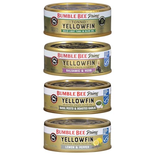 Image of Bumble Bee Prime Yellowfin Tuna Variety Bundle (4 Easy Open Cans) - Wild Caught Ahi Tuna - 28g Protein Per Serving - Non-GMO, MSC Certified Sustainable Seafood