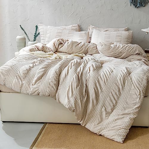 Andency Beige Comforter Set Queen Size, 3 Pieces Khaki Striped Summer Lightweight Bedding Comforter Sets, Bed Set Microfiber Down Alternative (90X90 In Comforter & 2 Pillowcases) #TOP2