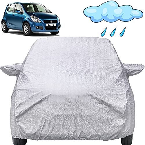 Image of Ritz Waterproof Car Cover with Mirror Pockets, Shinning Silver Design, Non Woven Fabric,Triple Stitched, Compatible with Maruti Ritz Car Cover (2009 to 2017), Ritz Car Accessories