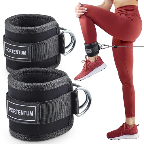 PORTENTUM Tobilleras Poleas Gym (2 Piezas) - Correas Tobillo Gimnasio para Patadas Gluteos, Fitness - Agarres Poleas Gym (Negro)