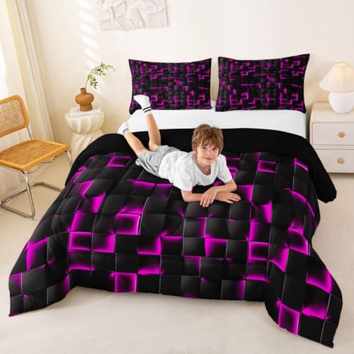 Image of Erosebridal Neon Black Purple Comforter Set King Violet Geometric Checkered Bedding Set for Kids Teen Adults Gaming Room Decor,Abstract Ombre Plaid Comforter Grids Quilt Duvet