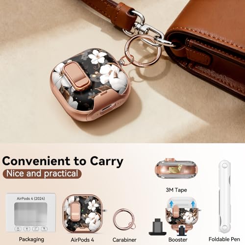 Image of for AirPods 4 Case, with Safty Lock & Phone Stand for Floral AirPods 4th Generation Case Cover for Women Girly, iPod 4 Case with Keychain & Cleaner Kit - Black Gold Flower
