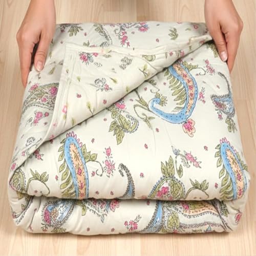 Image of 220 GSM 100% Cotton Microfibre Reversible Comforter AC Blanket for Summer /Winter /Quilt Soft Breathable Floral Print Duvet Single /Double Bed (Off White, Double Bed(230X250 CM))