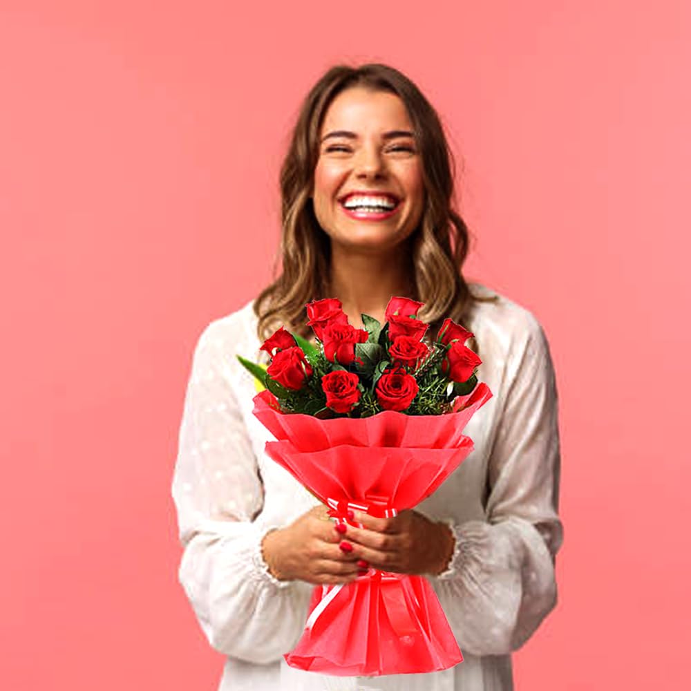 EG2i 12 Red Rose Fresh Flower for Birthday Gift with Red Paper packing, Mother’s Day Gift, Fresh Flower Gift for Love, Valentine’s Day Gift, 8 Roses (Bunch of 12) Same day Delivery