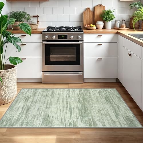 3x5 Sage Green Modern Abstract Rug for Farmhouse, Super Soft Washable Rug with Non-Slip, Low-Pile Indoor Door Area Rug for Living Room Bedroom, Carpet with Non-Shedding