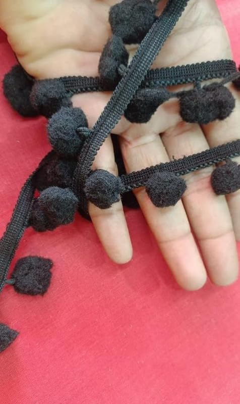 Decorative Multi Pom Pom Lace – 9 Meter Trim for Sarees, Suits & Blouses Black Free Size 3