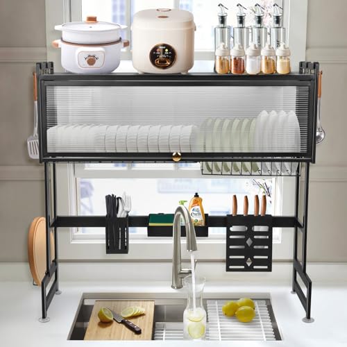 Escurridor de platos de gran capacidad para fregadero de 3 niveles, con ganchos para cesta de cubiertos y soporte para bebidas, ahorro de espacio, almacenamiento de cocina (85 x 28 x 77 cm)