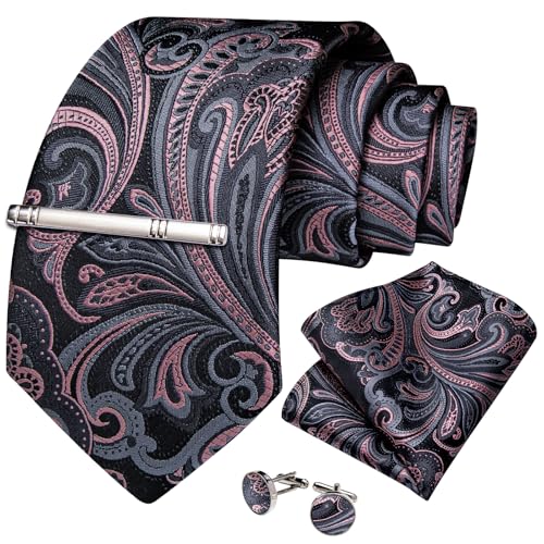 Image of DiBanGu Silk Floral Ties for Men Woven Paisley Necktie and Tie Clip Handkerchief Cufflinks Set for Party Wedding