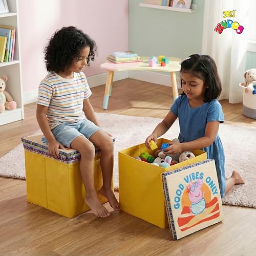 Image of Kudos Kids Print Foldable Storage Box | Non-Woven Fabric Toy Storage Basket | Laundry & Clothes Organizer with Lid (Yellow)