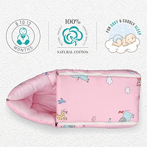Image of R for Rabbit Snuggy Baby Sleeping Bag & Carry Nest 100% Cotton Holding Bedding Set for New Born Babies, Portable Travel Friendly 3 in 1 Convertible Set of Infants Upto 12 Month 75x48 Cm (Blush Pink)
