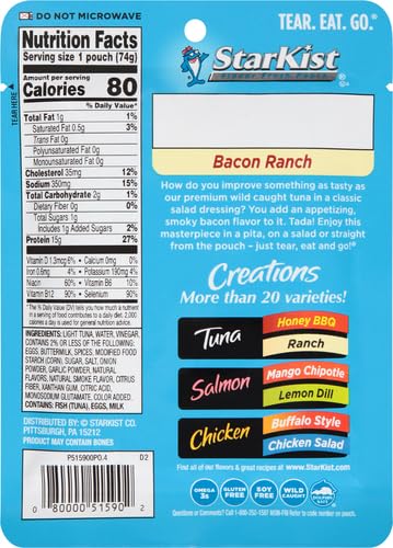 Image of StarKist Tuna Creations Bacon Ranch Pouch (2.6 oz - 2 Pack) Wild Caught, High Protein Shelf Stable Seafood, Gluten Free, Soy Free, Kosher, No Draining, Ready to Eat for Salads and Sandwiches