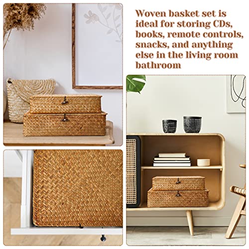 Didaey Set Of 4 Seagrass Basket With Lid Wicker Storage Basket Decorative Storage Boxes With Lids Flat Storage Bins Woven Organizer Baskets For Shelf Closet Bedroom, 4 Sizes (Brown) #TOP6