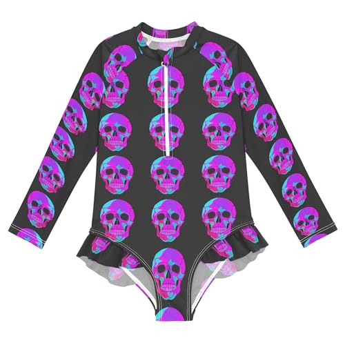 Skull Girls Long Sleeve Rashguard Swimsuit UV Protection One-Piece Swimwear Bathing Suit B0404358