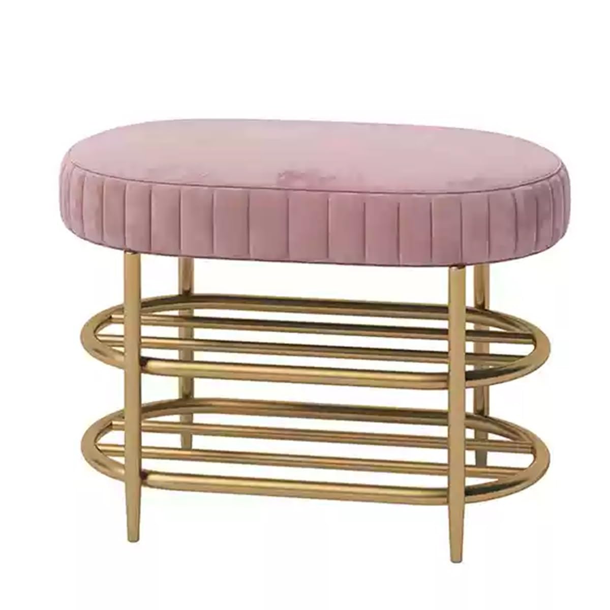 LWJSOCP Upholstered Shoe Bench with Storage and Gold Legs Pink Fabric Entryway Bench with Shoe Rack and Shelf End of Bed Bench for Living Room 23.6"