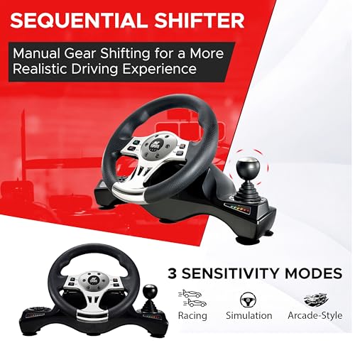 Image of Ant Esports GW190 Racing Steering Wheel with Pedals & Shifter, 270 Rotation, Universal USB, Compatible with PC, PS4, PS3, Xbox One, Xbox Series X /S, Nintendo Switch & Android TV (Black /Silver)