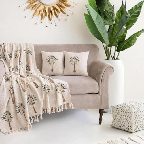 Image of 100% Cotton Jute Palm Tree Sofa Throw 127x178 cm with 2pcs Cushion Cover 40x40 cm - Beige (1 Sofa Throw with 2 Cushion Covers)