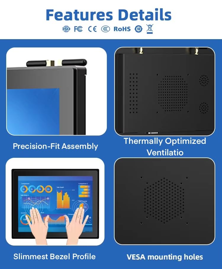 Image of Industrial Embedded Touchscreen Display 7 /8 /10 Inch - EMC Engineered, Wide Temp -10℃~60℃, Vibration Certified for Factory /Hospitality /Kiosk (Inches, 13.3)