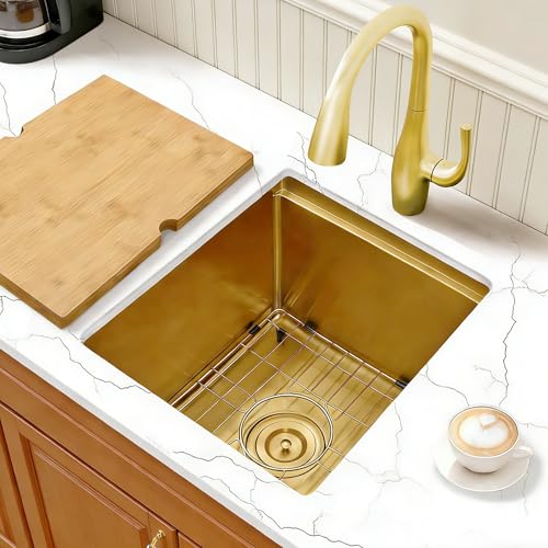 Image of Gold Bar Sink 17 inch X 17 inch,16 Gauge Stainless Steel Undermount Bar & Prep Sinks,Small Bar Sink /RV Sink /Camping Van Sink (Gold, 17 X 17 inch)