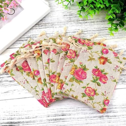 Image of SATYAM KRAFT 50 Pcs Mini Jute Potli Bags Flower Print | Gift Pouch for Gifting, Baby Shower, Wedding,Corporate Gifting, Party Favors, Return Gift, Dry fruits, Jewellery, Sweets, Chocolates (Multi)
