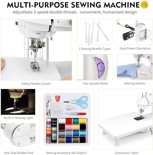 Image of Magicfly Mini Sewing Machine with Extension Table, Dual Speed Portable Sewing Machine for Beginners with Light, Sewing Kit for Household Use, White | Dual Speed Portable Sewing Machine for Beginners with Light, Sewing Kit for Household Use, White