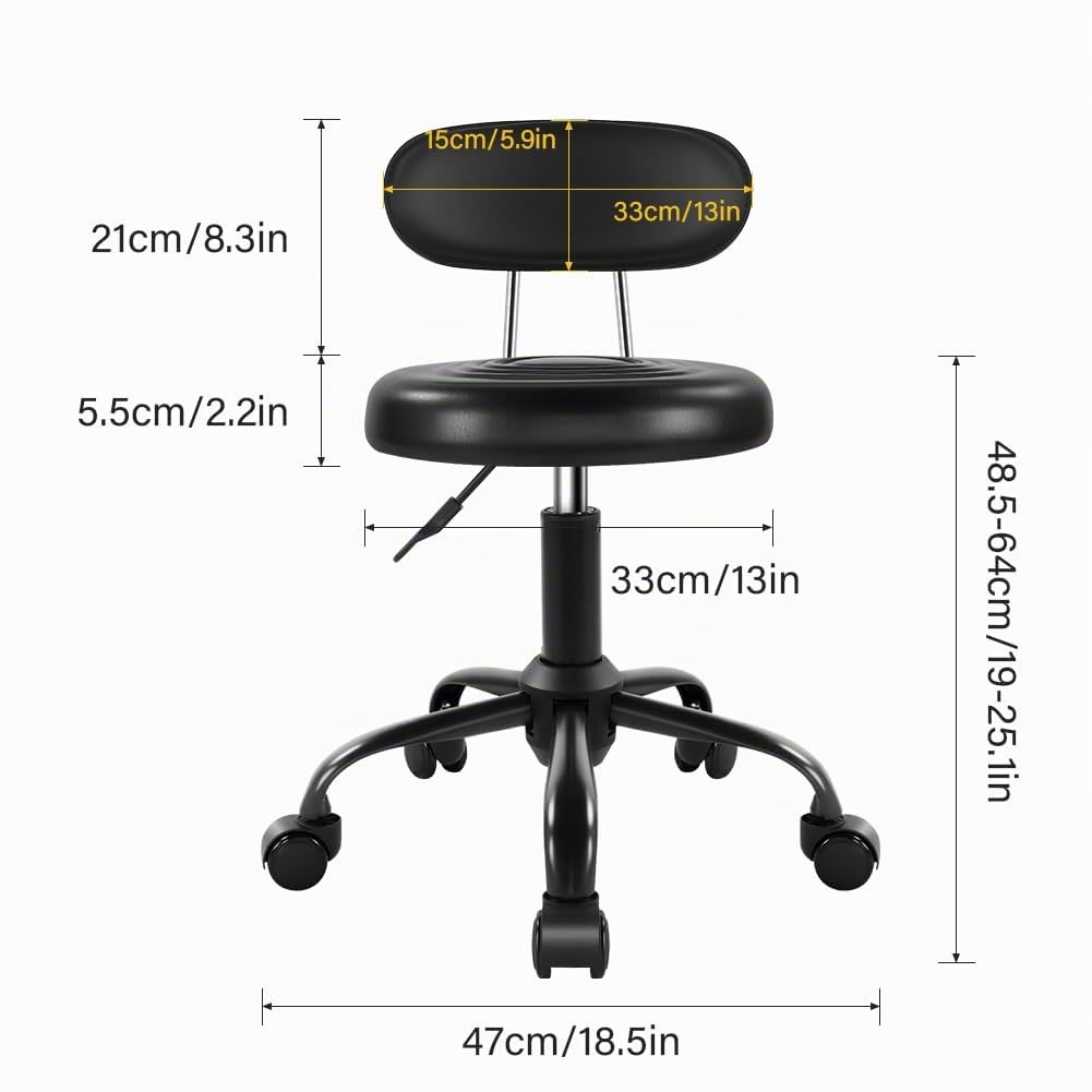 Sgabello girevole con ruote, sgabello girevole con schienale regolabile in altezza, in pelle PU, ideale per spa, saloni, casa, ufficio, lavoro di redazione (nero)