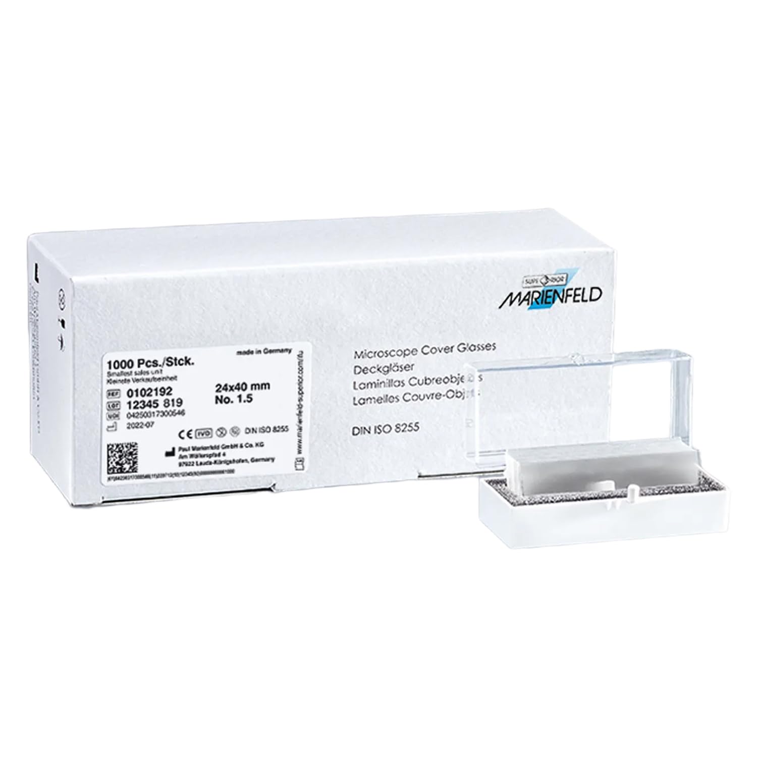 Marienfeld Borosilikatglas Quadratisch Deckgläs, Scharnierschachtel, 24 mm Tiefe, 32 mm Breite, 0.16-0.19 mm Stärke, 1000 Stück