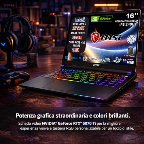 Vector 16 HX AI Notebook Gaming Intel Core Ultra 9 275HX, RTX 5070 Ti 12GB GDDR7, 32GB RAM, 1TB SSD, 16" QHD+ IPS 240Hz, Thunderbolt 5, WiFi 7, Tastiera RGB 24 Zone, Windows 11, AI Laptop - Notebook - Immagine 6