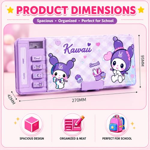 Image of Kawaii Password Lock Compass Box for Girls, Multifunction Pencil Box with Sharpener, Calendar, Timetable Card, Storage Drawer & Pen Holder, Cute Purple Stationery Case