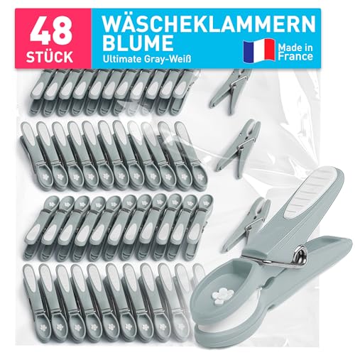 culiclean stabile Wäscheklammern ohne Abdruck – Blume Design – robuste Kluppen Softgrip UV-beständig, wetterfest – 48x Wäscheklammer – Ultimate Gray-Weiss