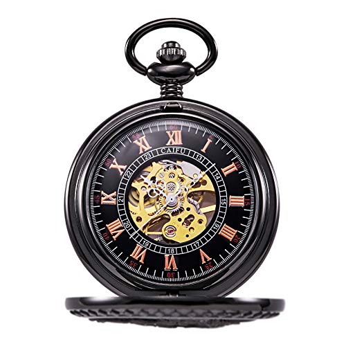 TREEWETO-Mens-Womens-Antique-Mechanical-Pocket-Watch-Skeleton-Black-Case-Steam-Train-Railroad-Roman-Numerals