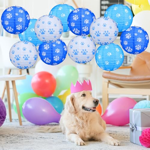 Image of Panelee 12 Pcs Dog Paw Print Paper Lanterns Puppy Themed Party Decorations Blue and White Pet Paw Print Round Hanging Lanterns 8 Inch for Dog Birthday Party Decorations Supplies Indoor Outdoor