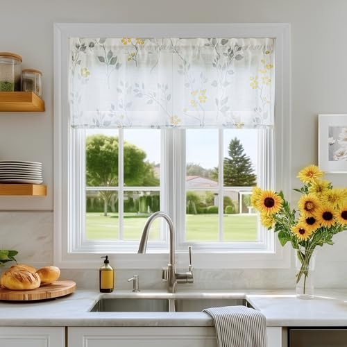 Image of Beauoop Linen Floral Valance Curtains for Kitchen Yellow Grey 52x18 1 Panel