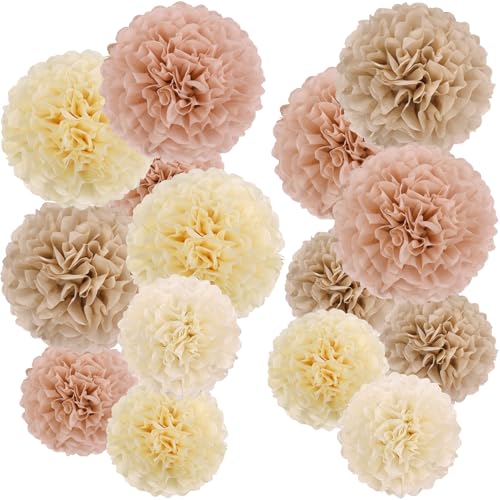 Image of EASY JOY Boho Tissue Paper Pom Poms Tissue Paper Flowers (15PCS) Champagne Brown Dusty Pink Neutral Party Decorations,for Bridal Shower Baby Shower Decorations for Girl, Wedding, Birthday Party