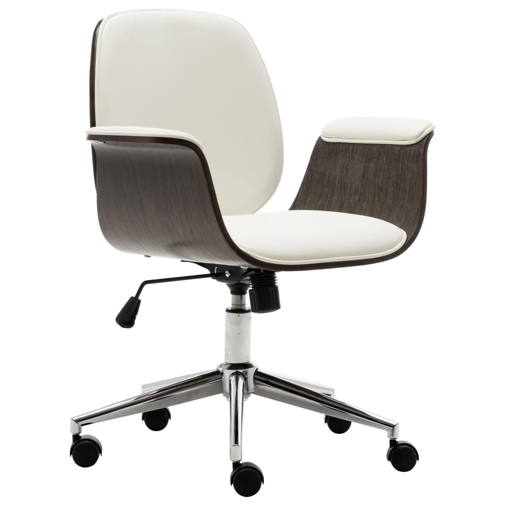 Białe krzesło biurowe z zakrzywioną ramą drewnianą i obiciem ze sztucznej skóry, z regulacją wysokości, 5 kółek, ergonomiczny komfort, idealne do domowego biura, salonu lub biura