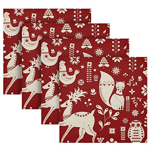 Christmas Deer Fox Folk Red Napkins Set Of 6 Scandinavian Inspired Motifs Cloth Dinner Napkins For Dining Table Holiday Seasonal Party Decor Washable Rustic 20X20 Inches #TOP5