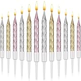 Nuanchu 60 Stücke Gold Geburtstagskerzen Metallisch Gold Kerzen für Geburtstagstorten Kurze Dünne Geburtstagskerzen für Cupcakes Spiral Kuchen Cupcake Kerzen in Haltern (Gold, Silber, Roségold)
