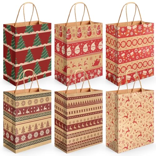 iefoah 24pcs Christmas Gift Bags Bulk with Handle, Christmas Kraft Paper Wrapping Bags Christmas Goody Bags for Christmas Party Favors Holiday Gift Bags