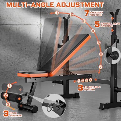 Fostoy Weight Bench, 770lbs Bench Press With Squat Rack, Adjustable Weight Benches for Home Gym, Olympic Workout Bench for Full Body Fitness, Flat Incline Bench With Removable Foot Catch