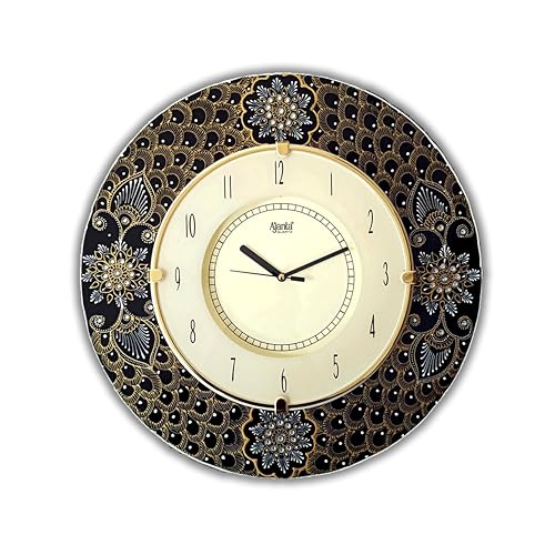 Image of Ajanta Floral Handmade Wooden Black & Gold Decorative Mandala Pattern Wall Clock for Home, Office & Living Area | Large Analog 41cm x 41cm