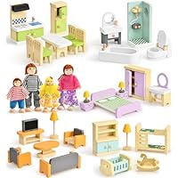 Toyssa Wooden Dollhouse Furniture Set, 36PCS Miniature Doll House Accessories with Colorful 5 Room & 4 Flexible Family Dolls, Pretend Play Toys Birthday Gift for Toddlers 3 4 5 6 Years Old